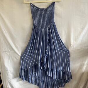 Blue Island Strapless Smocked Dress Medium Blue White Stripes Ruffle Beachy Boho